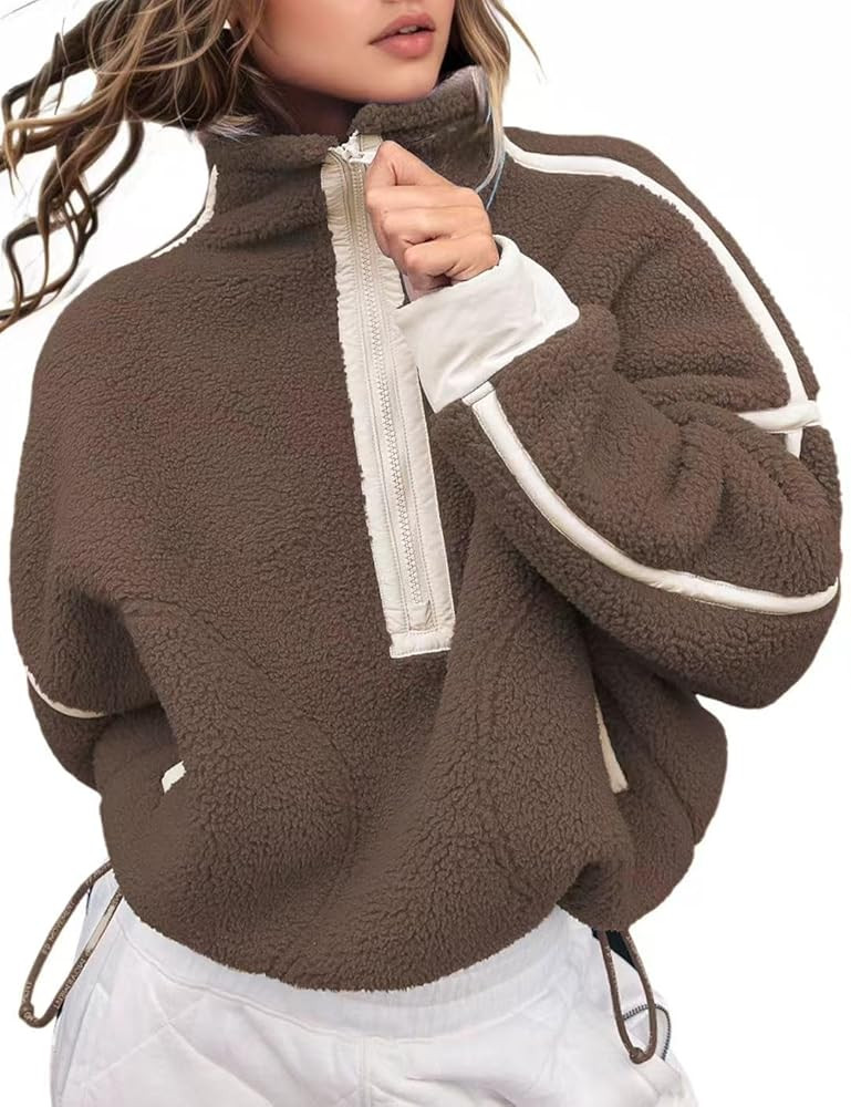 Women's Fleece Sweatshirts Half Zip Pullover Long Sleeve Oversized Workout Crop Tops Hoodie with ... | Amazon (US)