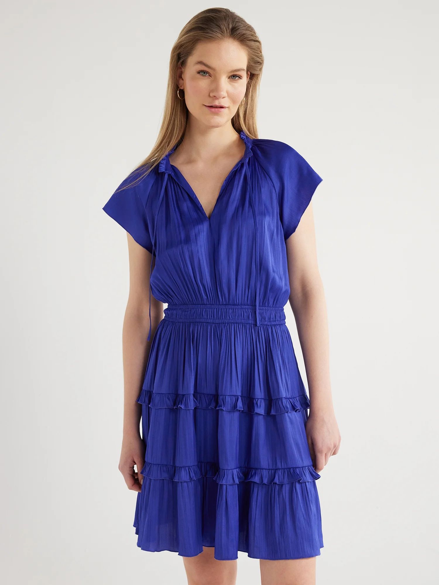 Scoop Women's Satin Mini Ruffle Dress with Cap Sleeves, Sizes XS-XXL | Walmart (US)