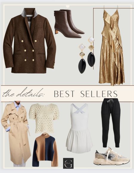 This weeks best sellers, j crew blazer, brown boots 32% off, wedding guest dress, work wear, trench coat, tennis dress, joggers on sale, sweaters for fall, new golden goos  

#LTKshoecrush #LTKworkwear #LTKwedding