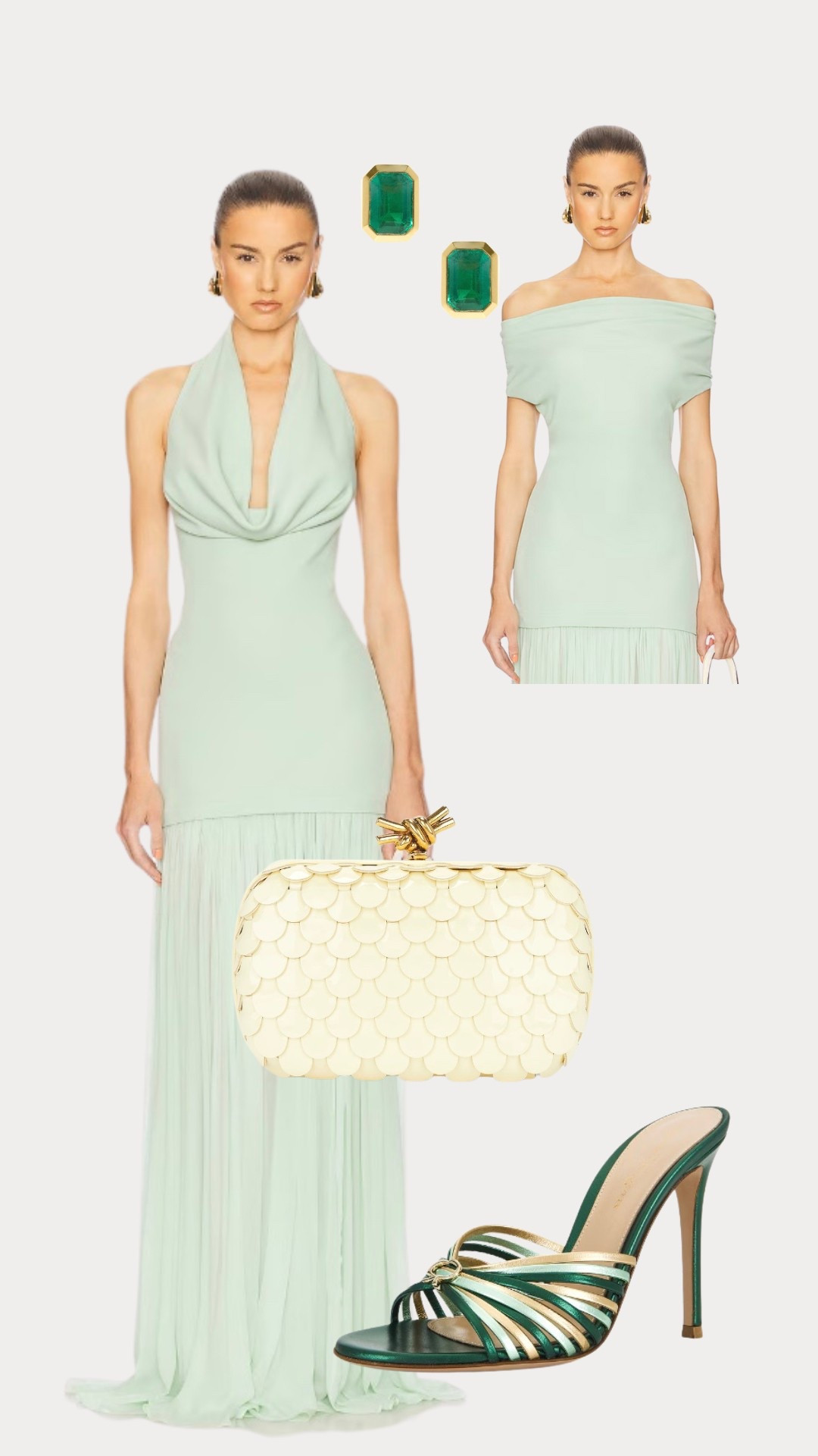 Minted elegance for wedding season. This dreamy draped gown paired with gold-detailed accessories and emerald accents creates a look that’s both timeless and striking. Sophistication made effortless! 

#luxuryfashion #weddingguestdress #springfashion 

#LTKStyleTip #LTKParties #LTKWedding