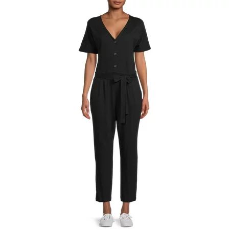 Time and Tru Women s Short Sleeve Knit Jumpsuit with Belt | Walmart (US)