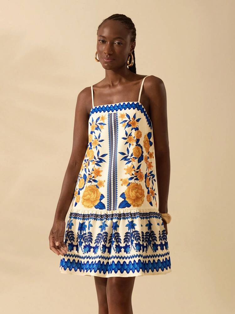 CAJUNI Women's Boho Tropical Blue Yellow Floral Print Spaghetti Strap Criss-Cross Back Short Casual Vacation Beach Summer Dress | SHEIN