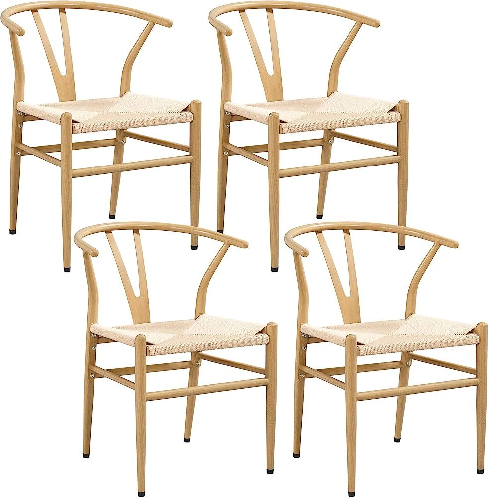 Yaheetech Set of 4 Weave Chair Mid-Century Metal Dining Chair Y-Shaped Backrest Hemp Seat, Wood C... | Amazon (US)