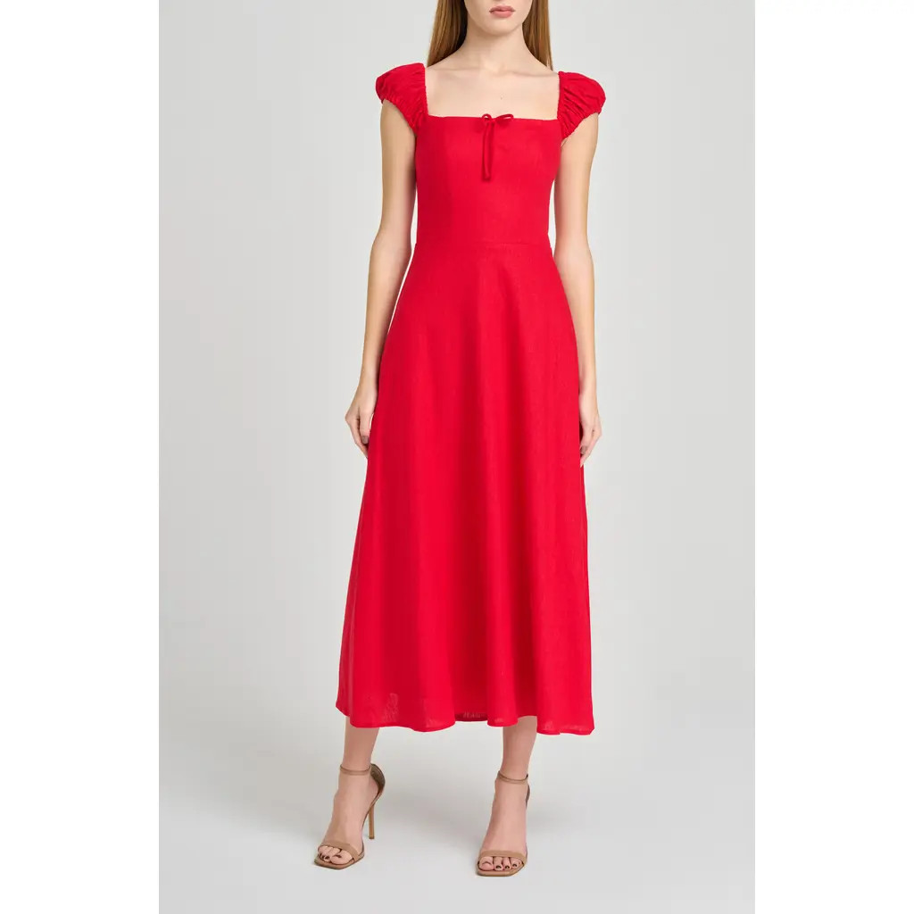 WAYF Carina Cap Sleeve Linen Blend Maxi Dress in Red at Nordstrom, Size Large | Nordstrom
