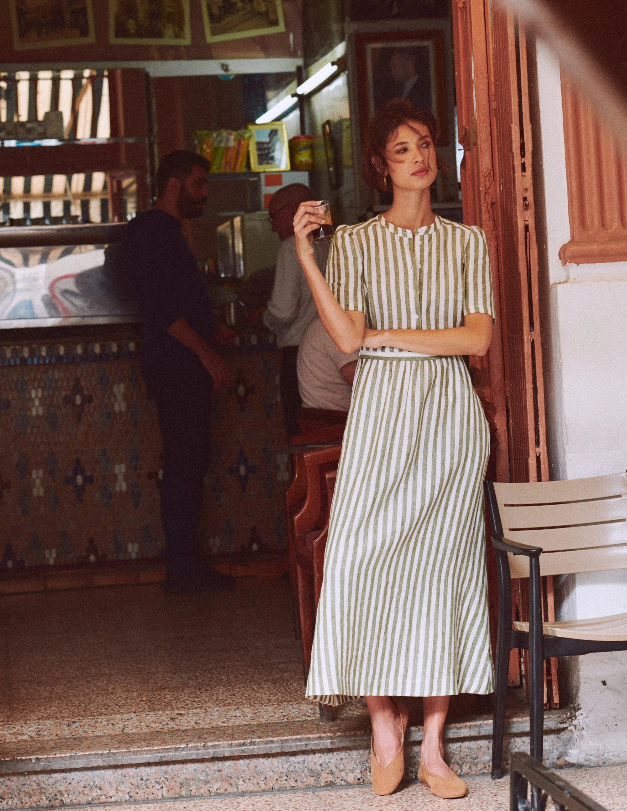 Ivy Linen Midi Dress-Olive, Ivory Stripe | Boden UK