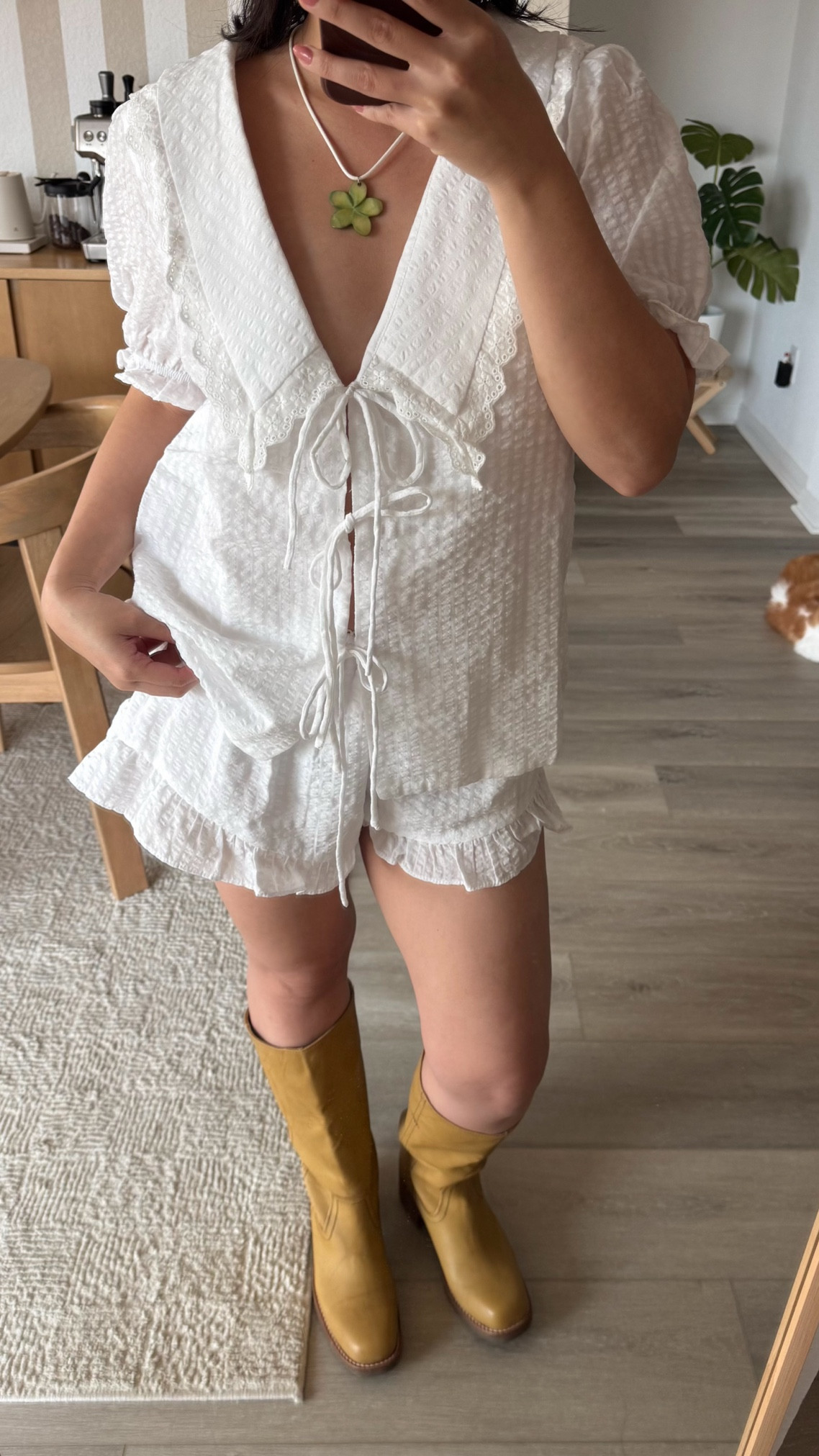 casual dinner outfit 🤍 wearing the set in size 4 

🏷️ girly outfit, casual outfit ideas, banana boots, fall boots, tall boots, boots, fall outfits, fall casual outfit, matching set, tie front top, ruffle shorts, white set

#LTKPetite #LTKStyleTip