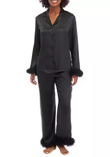 California Dynasty Satin Fur Trim Pajama Set | Belk