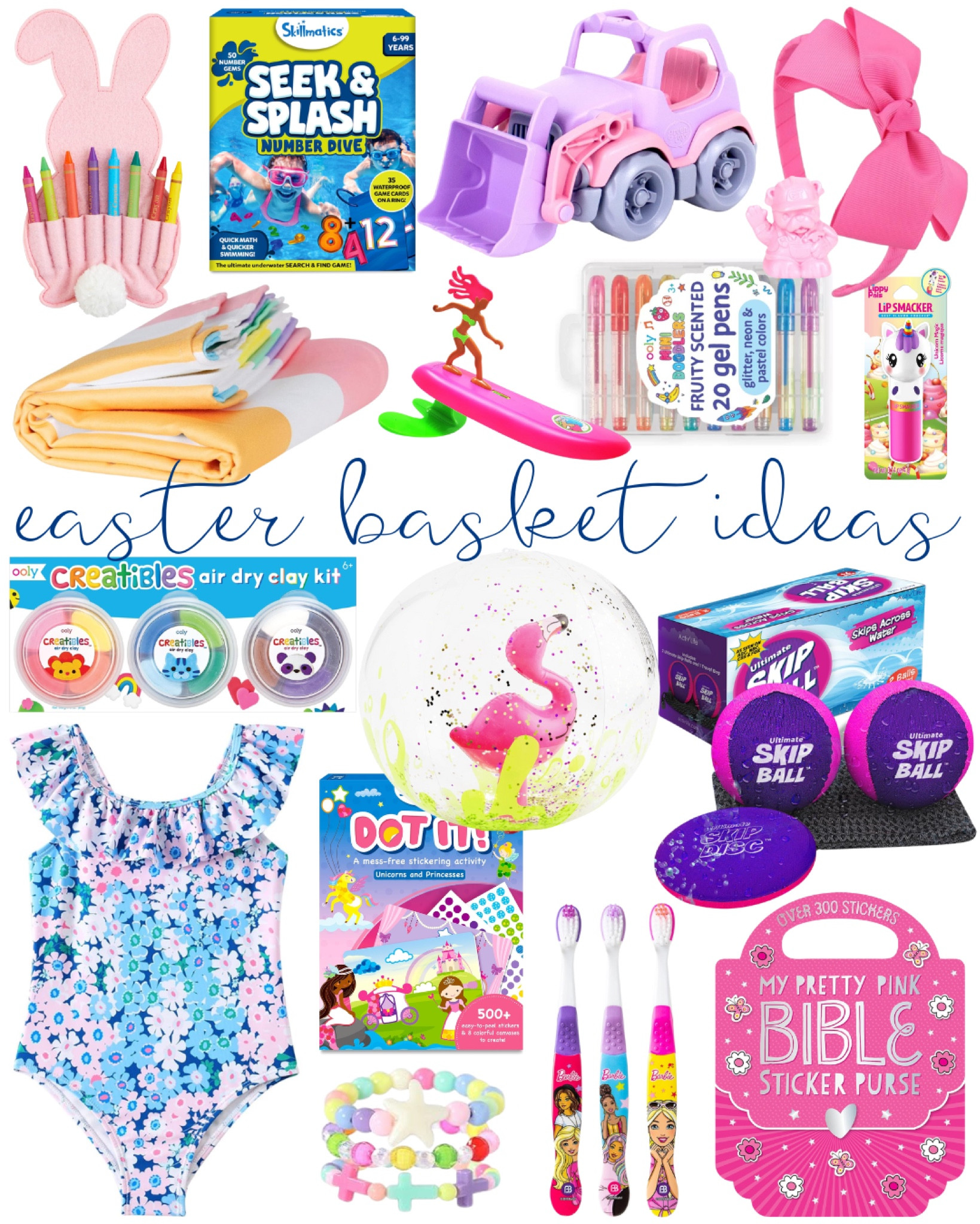 Easter basket ideas for little girls | Easter 2024 | spring | stocking stuffers | egg hunt | stickers | bracelets | markers | swimsuit | pool toys | towels | beach accessories | headband | truck | crayons | dive toys | lip balm 

#LTKSeasonal #LTKkids #LTKfamily