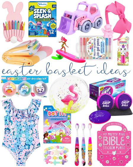 Easter basket ideas for little girls | Easter 2024 | spring | stocking stuffers | egg hunt | stickers | bracelets | markers | swimsuit | pool toys | towels | beach accessories | headband | truck | crayons | dive toys | lip balm 

#LTKSeasonal #LTKkids #LTKfamily