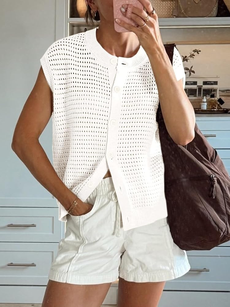 Saodimallsu Womens Short Cap Sleeve Sweater Vest Crochet Button Down Cardigans Crew Neck Summer K... | Amazon (US)