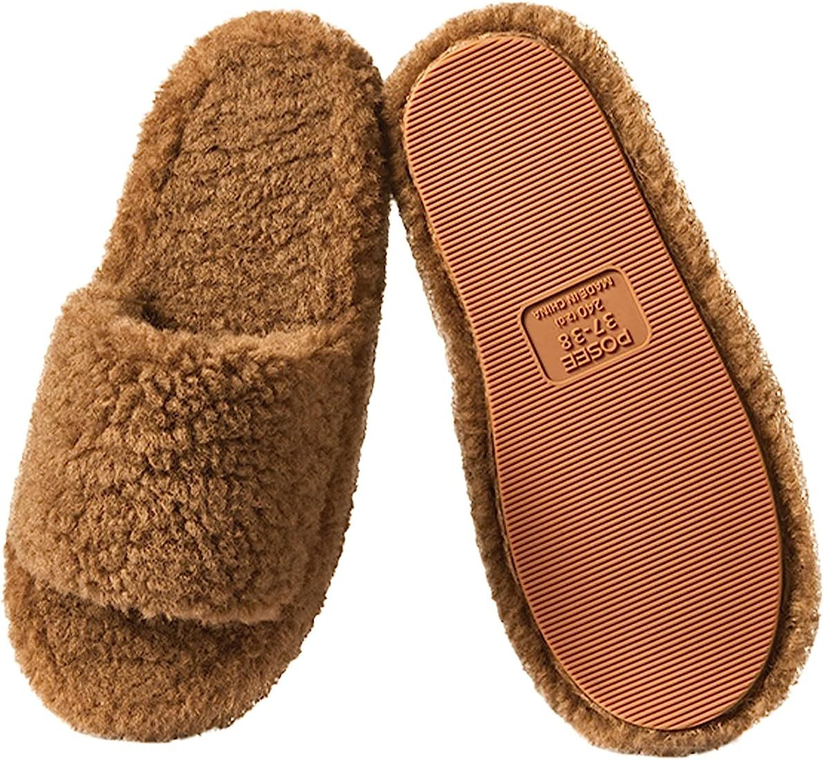 POSEE Fuzzy Memory Foam Slippers for Women, Fluffy Open Toe Slippers Curly Fur Cozy Flat Spa Slide S | Amazon (US)