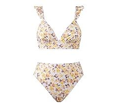 CUPSHE Women Bikini Sets 2 Piece Swimsuit High Waisted Bottom Floral Print Ruffle V Neck Bathing ... | Amazon (US)