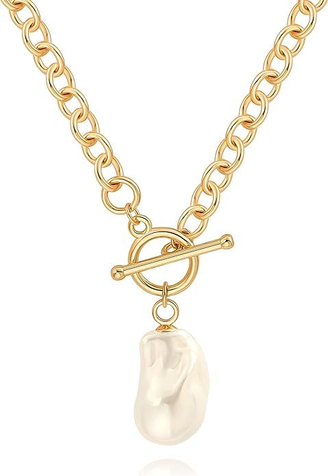 Statement 18k Gold Chain Pendant Necklace, Pearl Cross Y Necklace for Women | Amazon (US)