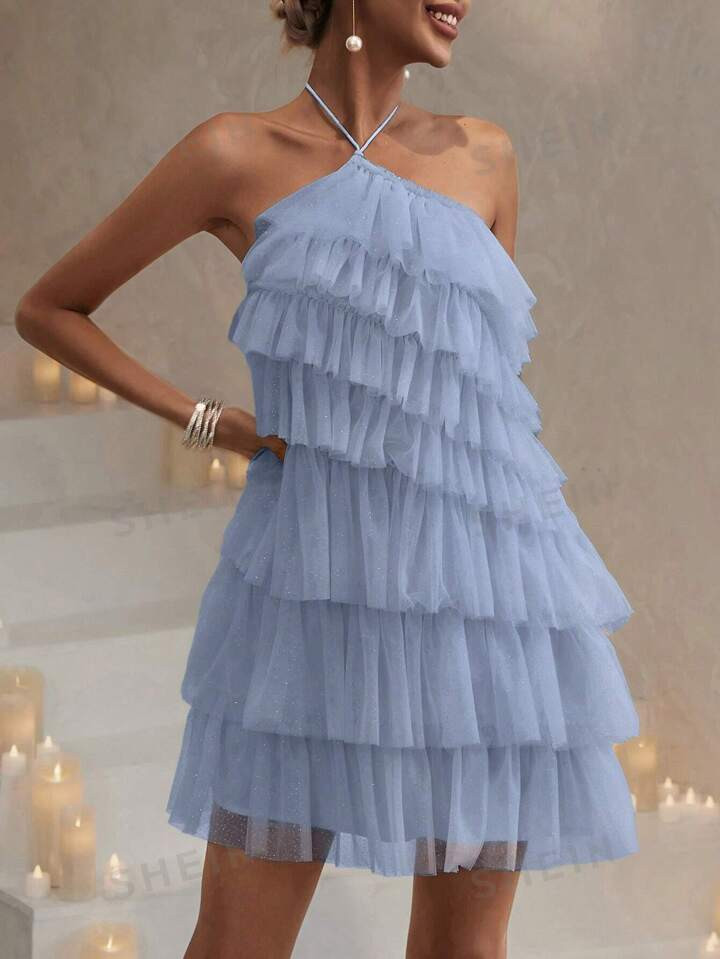 Layer Hem Backless Mesh Overlay Halter Dress | SHEIN
