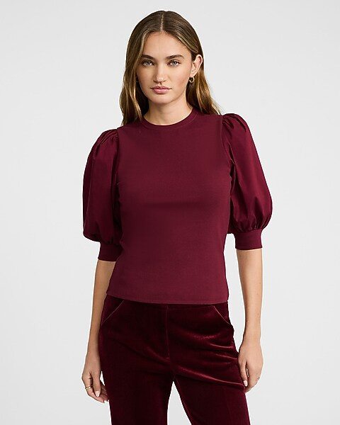 Mixed Media Crew Neck Short Puff Sleeve Tee | Express