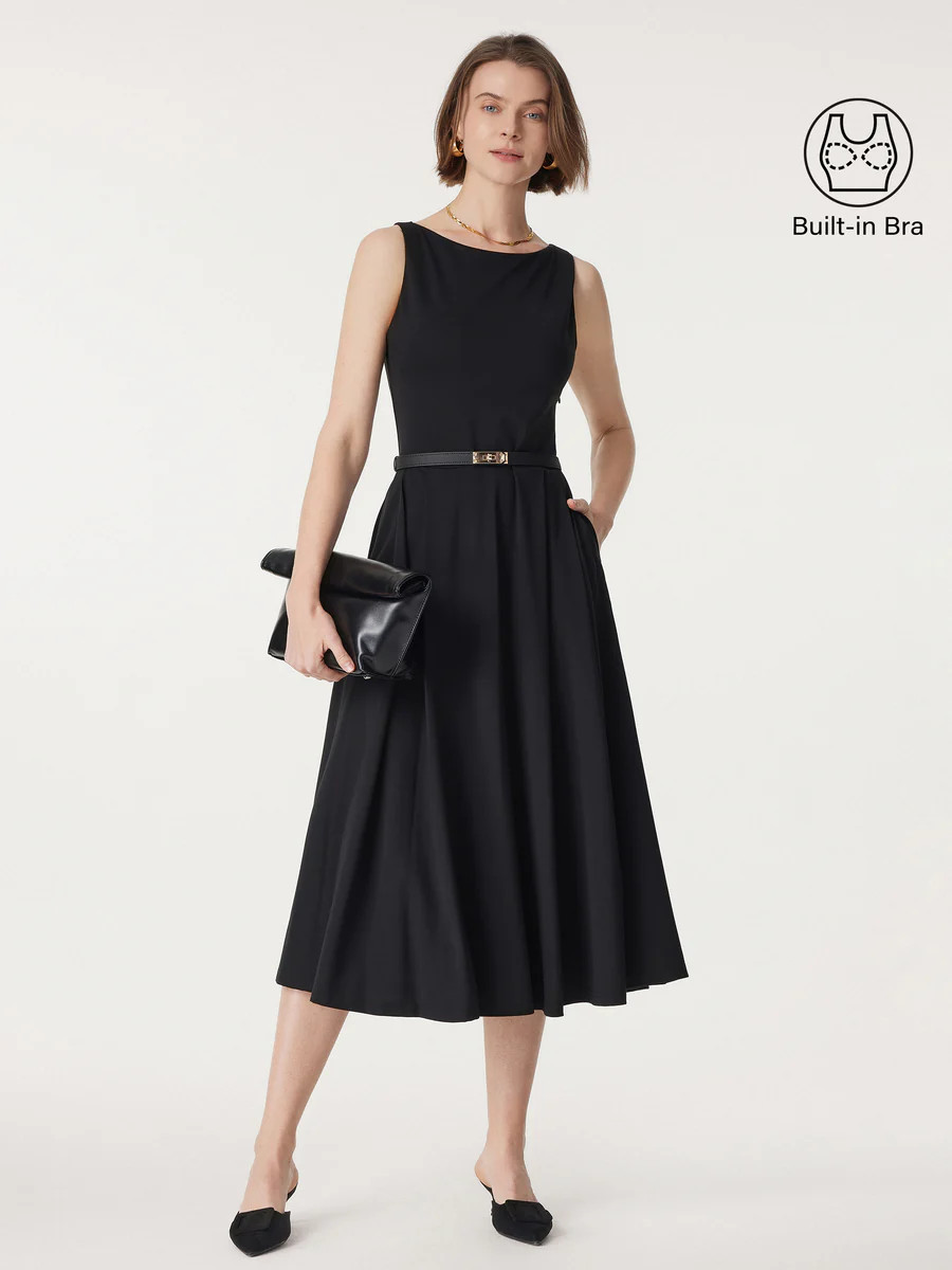Boatneck Bamboo Ponte Brami Midi Dress with Pockets | OGLmove
