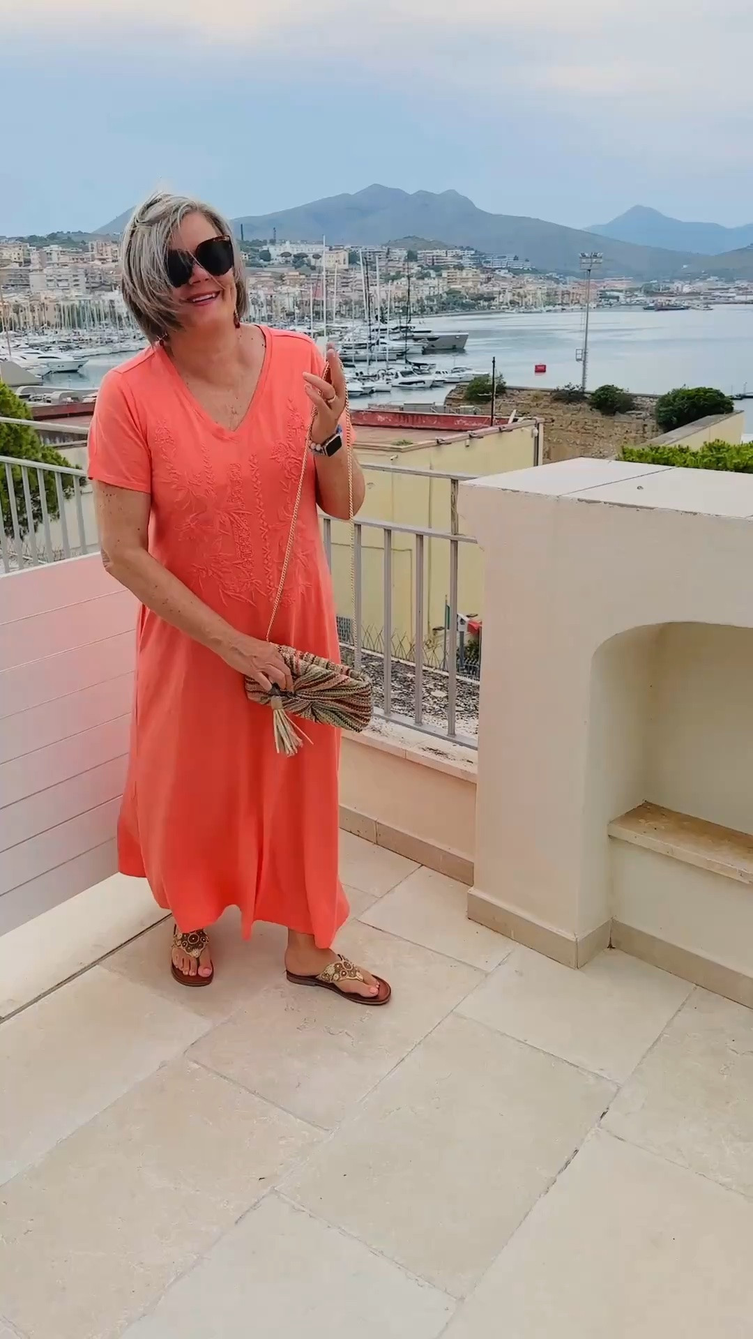 Perfect dress, sandals and purse to stroll around Italy in the evening. A soft t-shirt dress with embroidery in a beautiful peach color. Beaded flat slip on sandals add a little sparkle. Colorful woven purse with a gold chain that goes with everything! #fashionover50 #whattowearinitaly #packabledress

#LTKgrwm