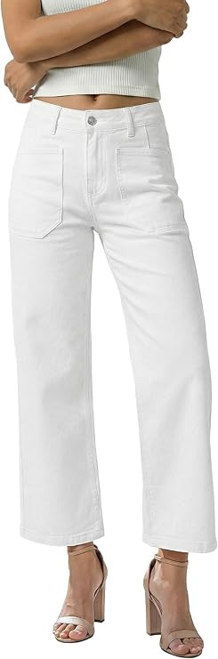 GRAPENT Wide Leg Jeans Woman Trendy Cropped High Waisted Patch Pocket Stretch Denim Pants Baggy L... | Amazon (US)