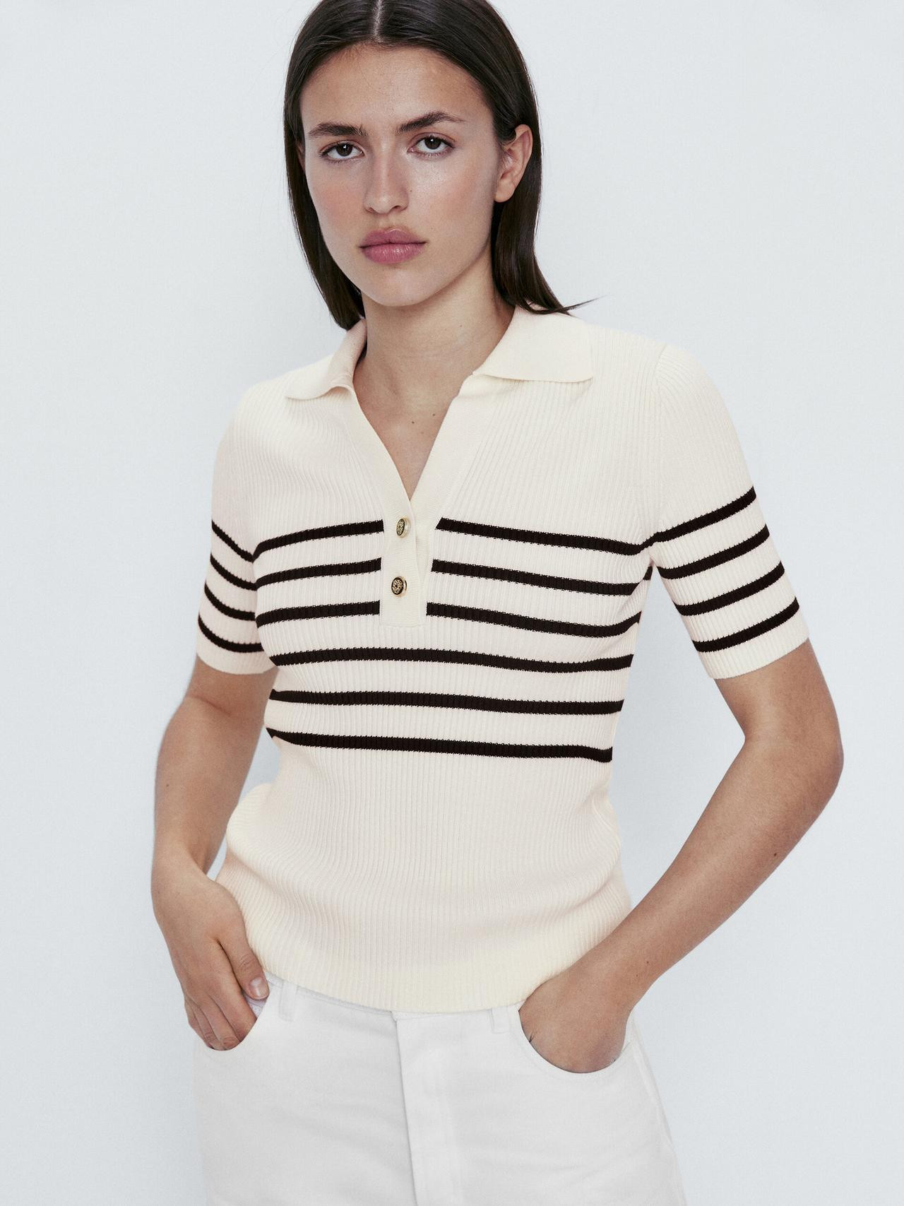 Striped ribbed polo collar sweater | Massimo Dutti US