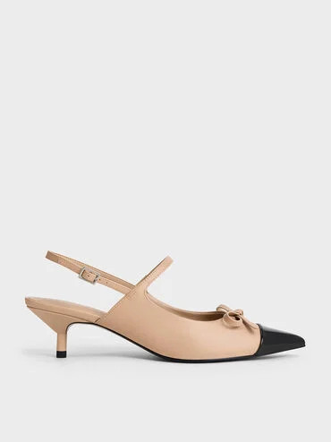 Nude Bow Cap-Toe Kitten-Heel Slingback Pumps | CHARLES & KEITH | Charles & Keith EU