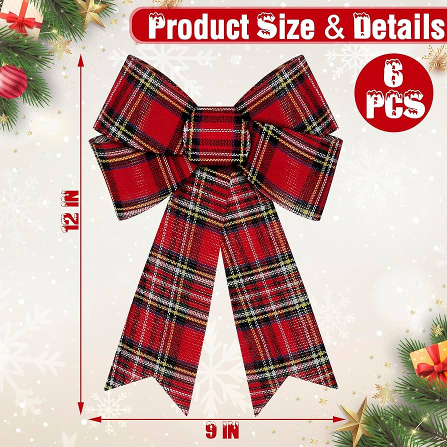 6 PCS Christmas Tree Decor, 9 x 12 Inch Large Christmas Bows, Buffalo Plaid White Black Red Xmas ... | Amazon (US)