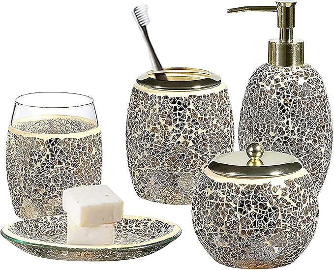 Whole HOUSEWARES | Bathroom Accessory Set | Accesorios de Baño | 5-Piece Decorative Glass Bathro... | Amazon (US)