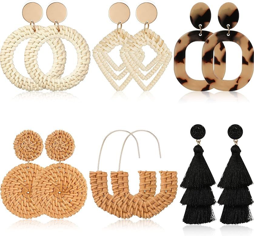 6 Pairs Rattan Earrings Straw Earrings Tassel Woven Bohemian Earring Handmade Wicker Braid Hoop D... | Amazon (US)