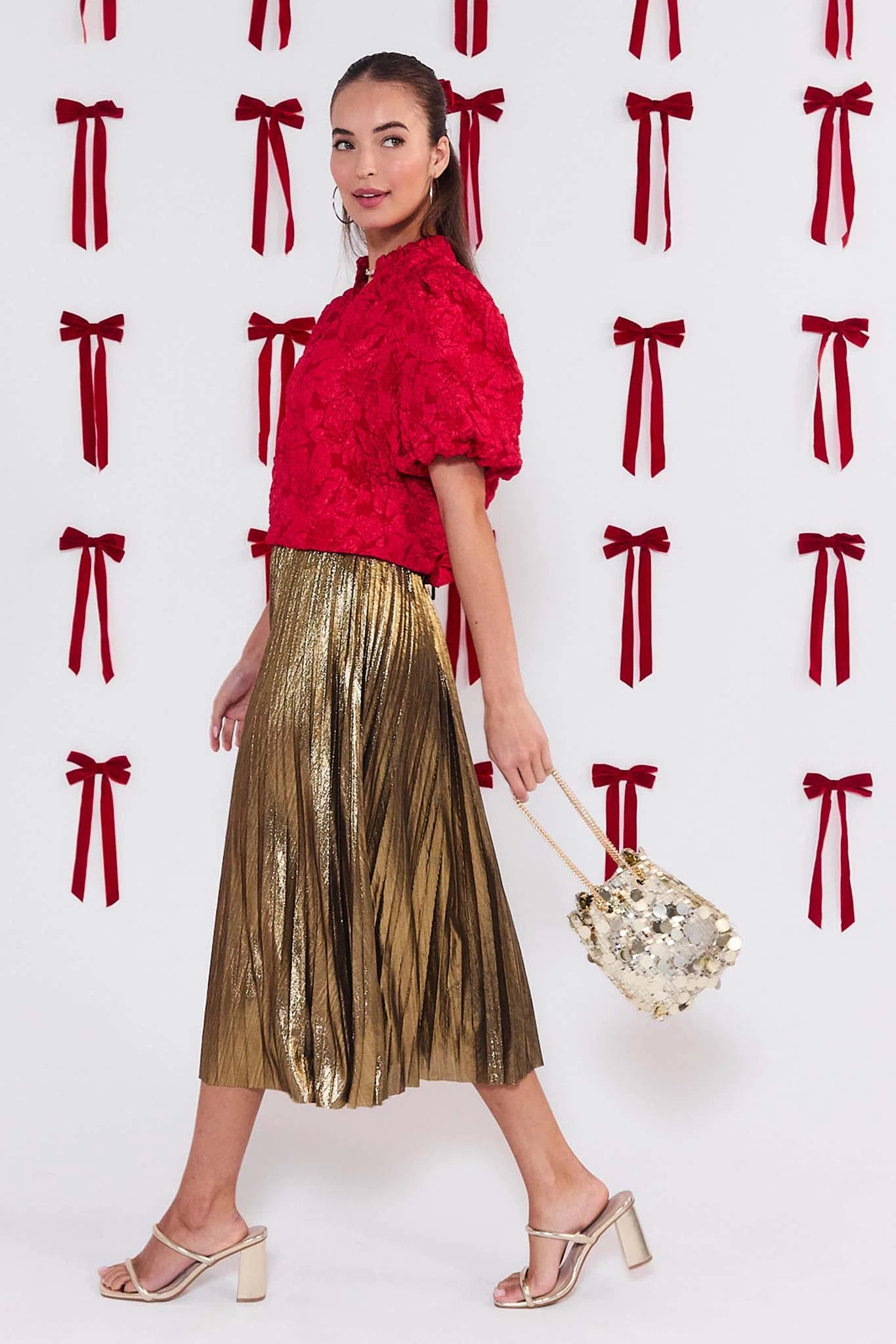 Hensley Gold Pleated Midi Skirt | Avara