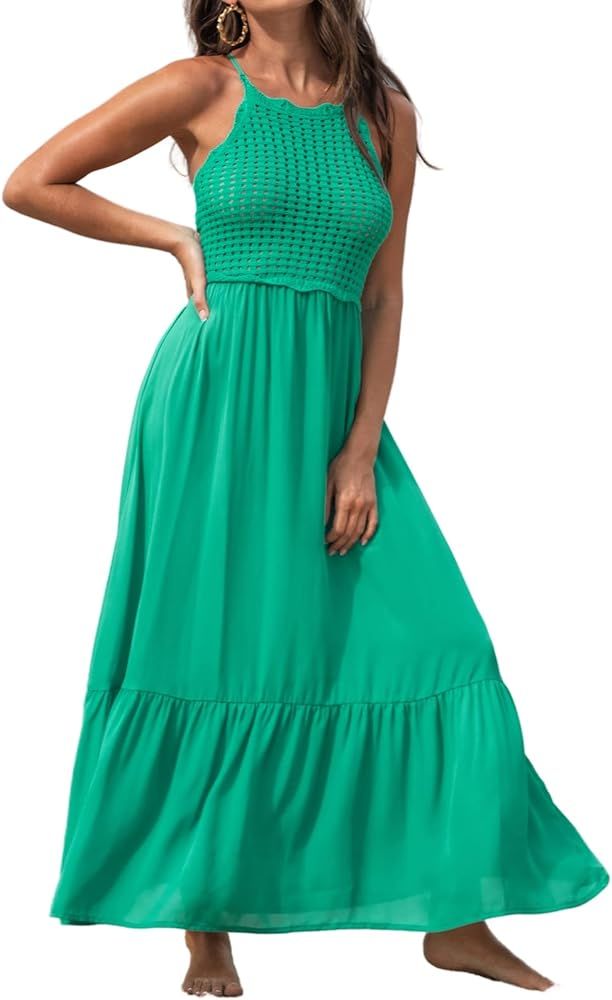 CUPSHE Women's Crochet Backless Lace-Up Maxi Dress Sleeveless Cover Up Dresses Casual Summer | Amazon (US)