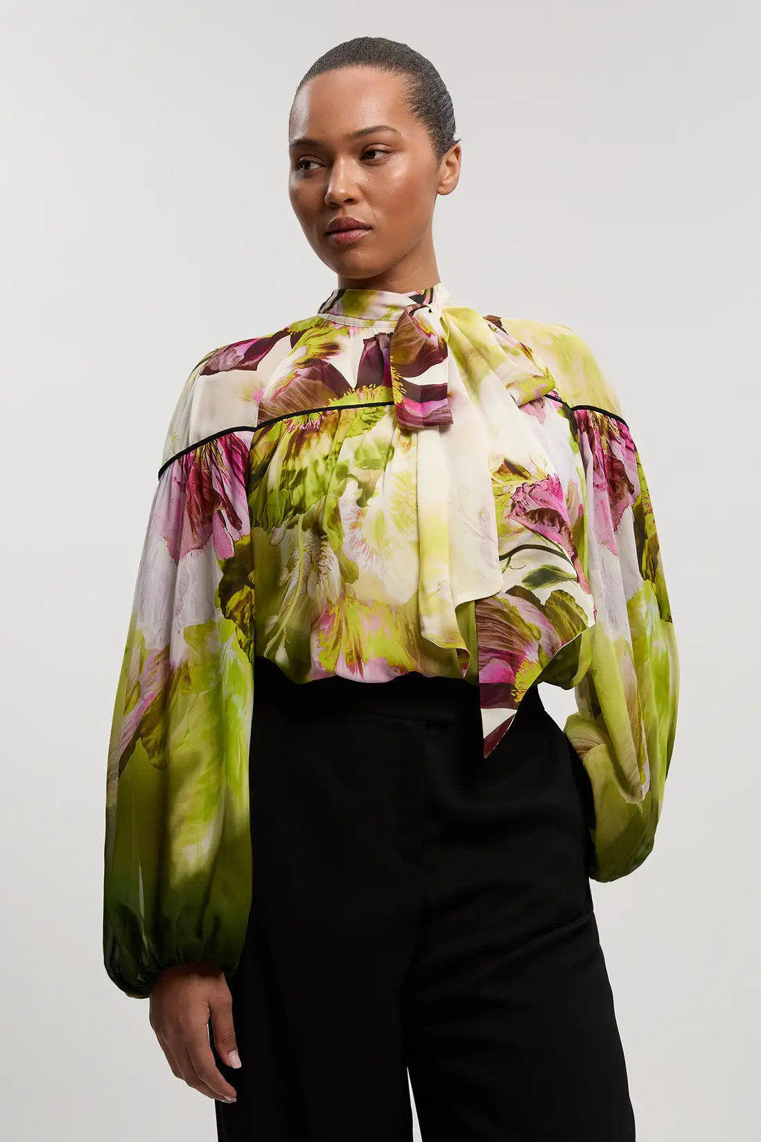 Plus Size Viscose Floral Print Woven Tie Neck Blouse | Karen Millen