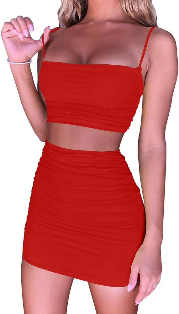 BEAGIMEG Women's Ruched Cami Crop Top Bodycon Skirt 2 Piece Outfits Dress | Amazon (US)
