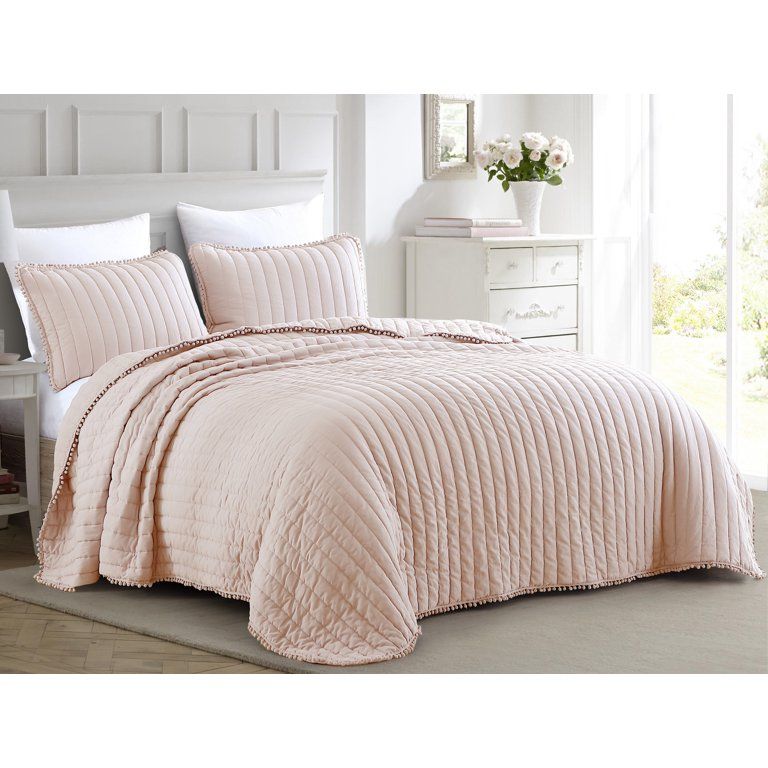 Chezmoi Collection Iris 3-Piece Blush Pink Pom Pom Quilt Set, Channel Quilted Pre-Washed Ball Fri... | Walmart (US)