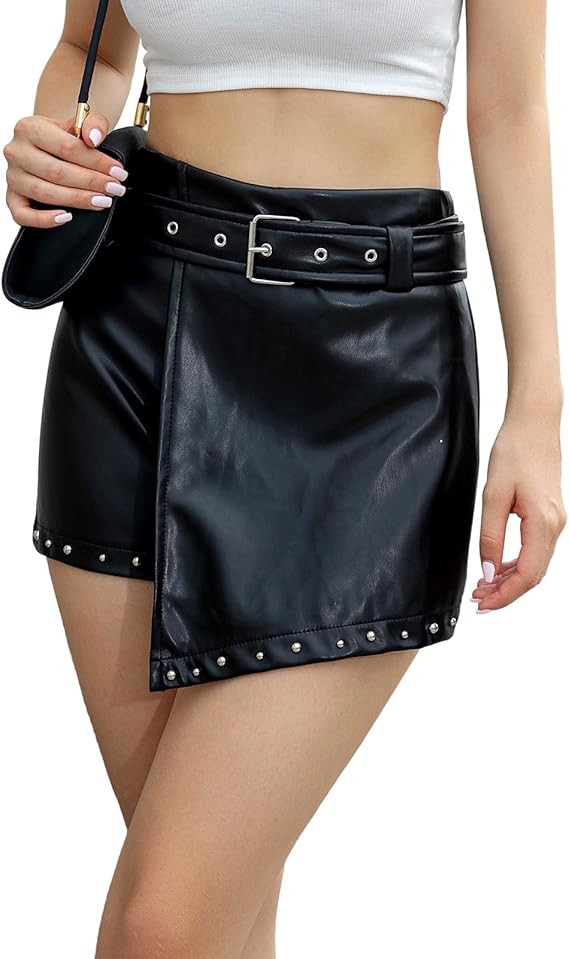 RAMISU Skorts for Women Faux Leather Skorts High Waisted Asymmetrical PU Shorts Studded Decor wit... | Amazon (US)