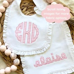 Monogram Ruffle Bib and Burp Cloth Set, Embroidered Baby Shower Gift for Girl, Custom Pink Gift Set for Baby Girl, Personalized Baby Gift | Etsy (US)