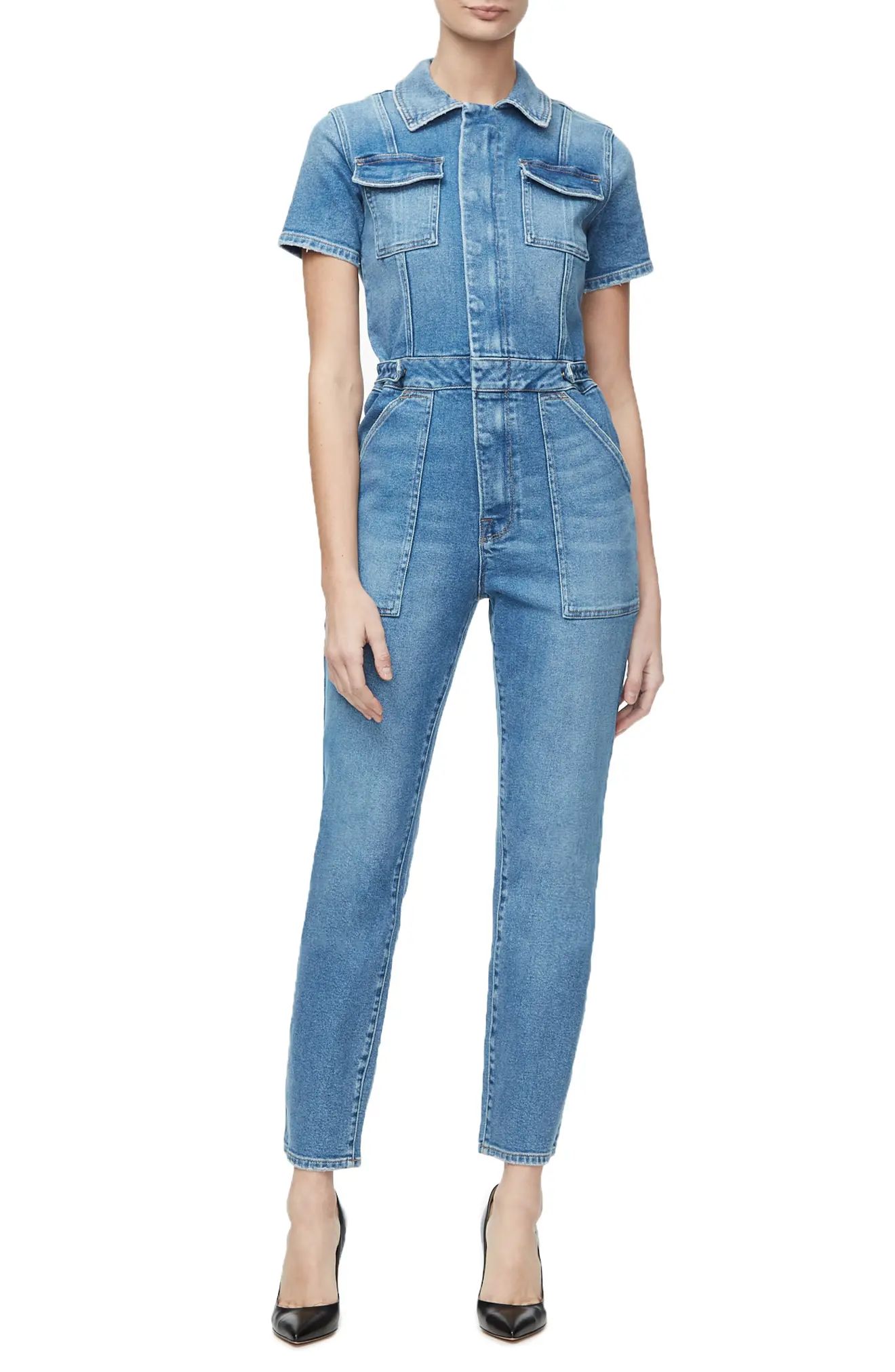 Good American Denim Military Bodycon Jumpsuit, Size 2 in Blue at Nordstrom | Nordstrom