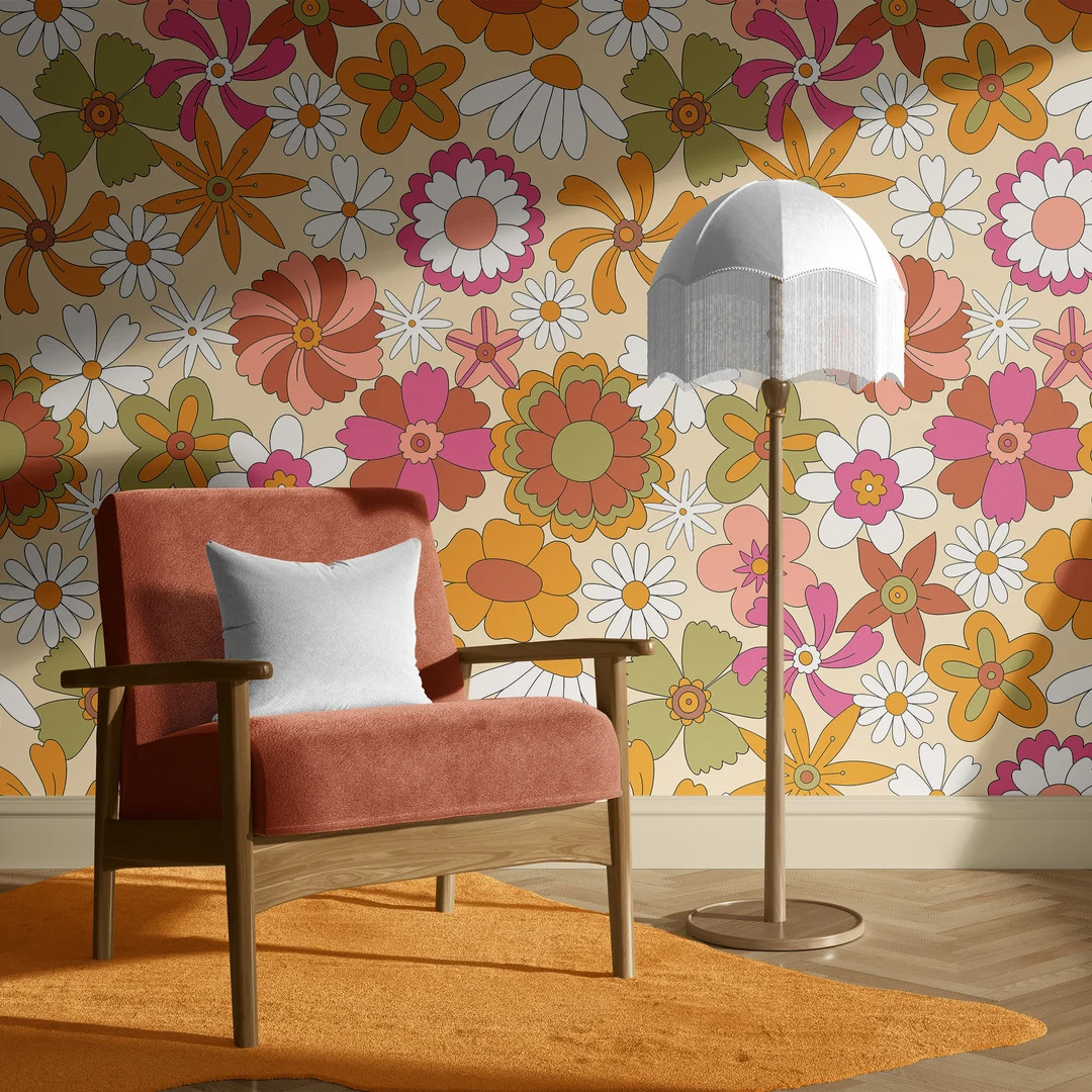 70s 60s Retro Style Floral Peel and Stick Wallpaper, Floral Patterns Wallcovering, Colorful Vinta... | Etsy (US)