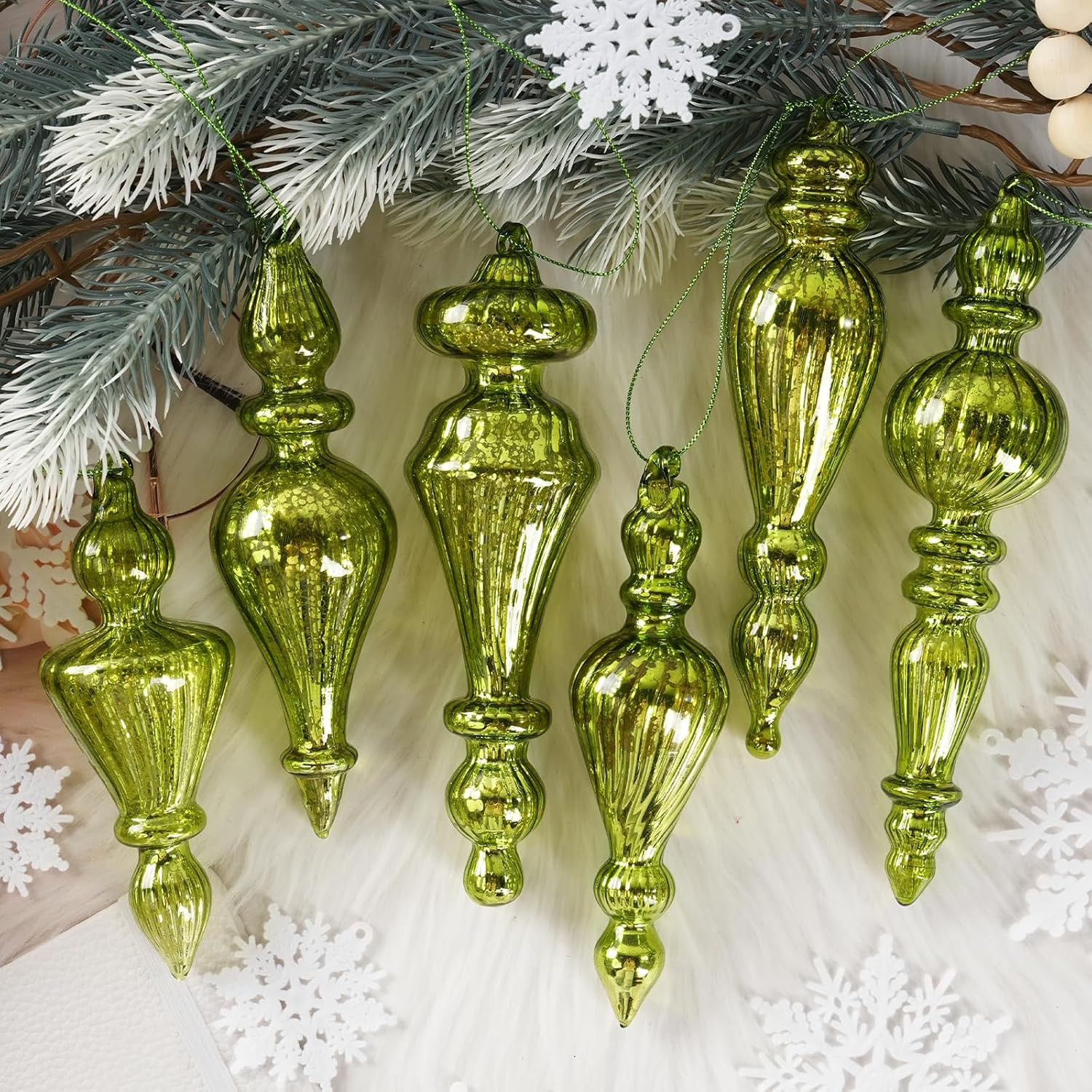 Mercury Glass Christmas Ornaments, Vintage Finial Decor, Moss Green, 6-Pc | Amazon (US)