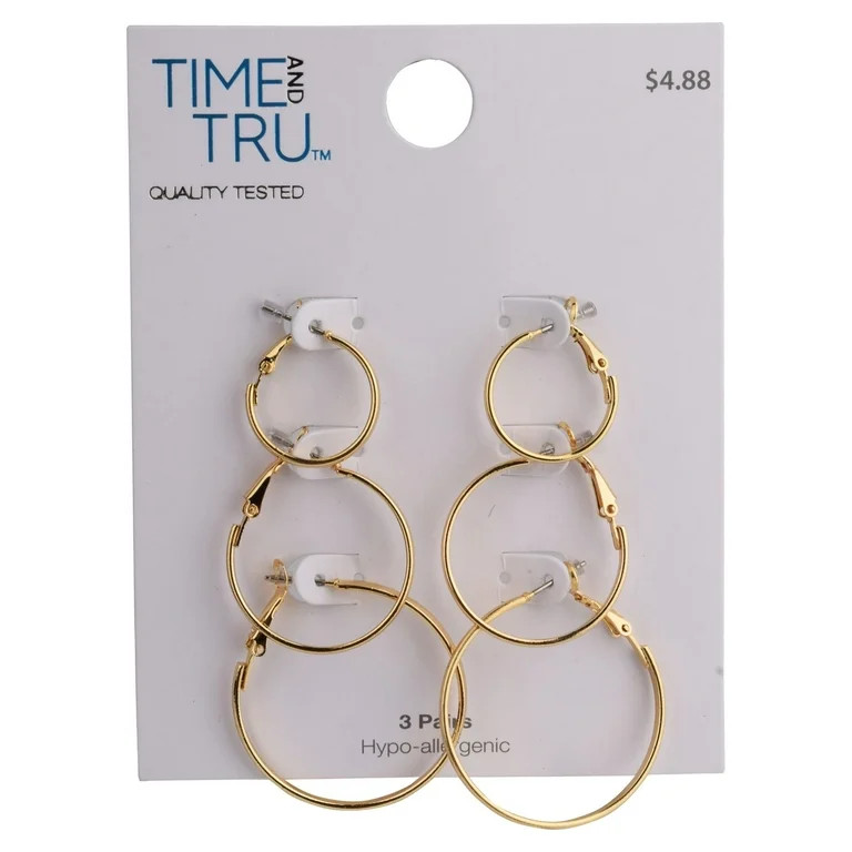 Time and Tru Gold Thin Hoop Earrings, 3 Pack - Walmart.com | Walmart (US)