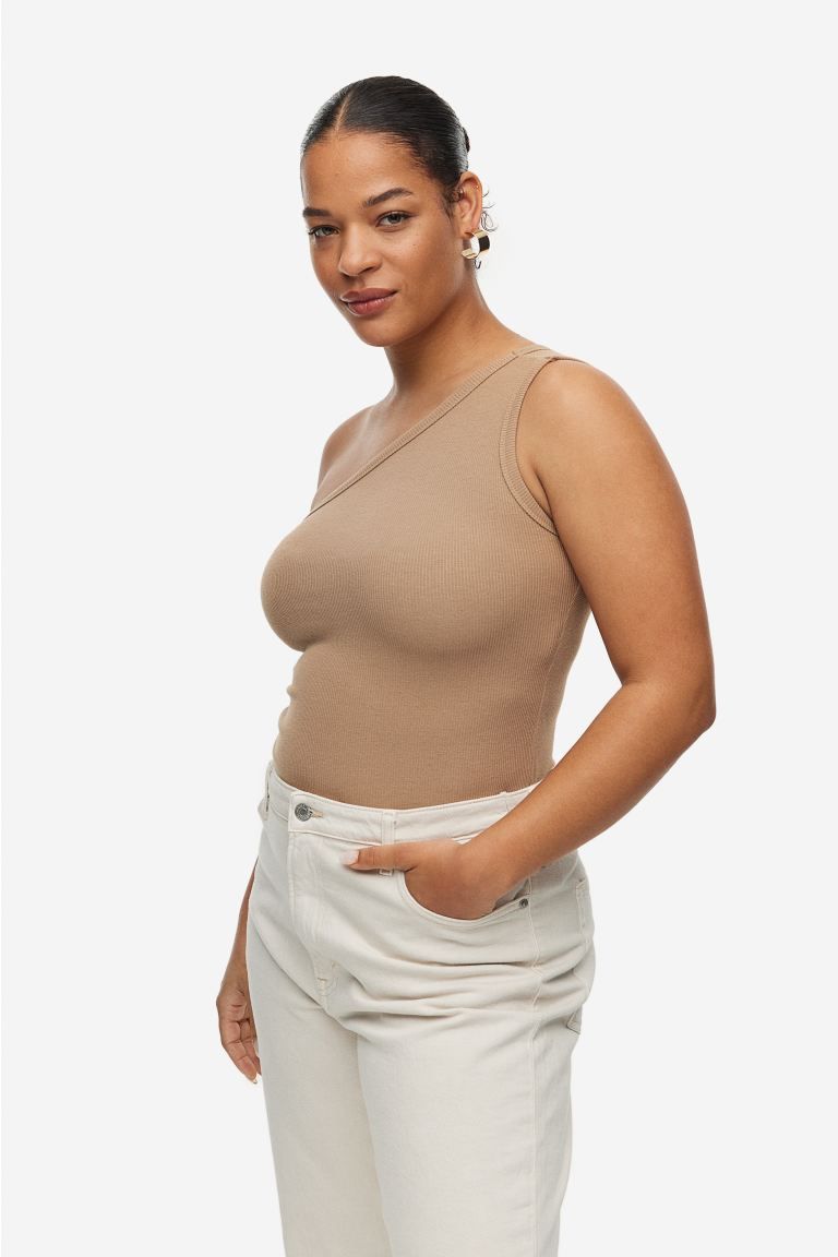 Ribbed One-shoulder Top - Dark beige - Ladies | H&M US | H&M (US + CA)