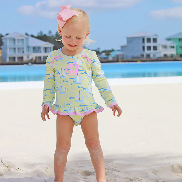 Yellow Sailboat Print Long Sleeve Rash Guard Set | Classic Whimsy