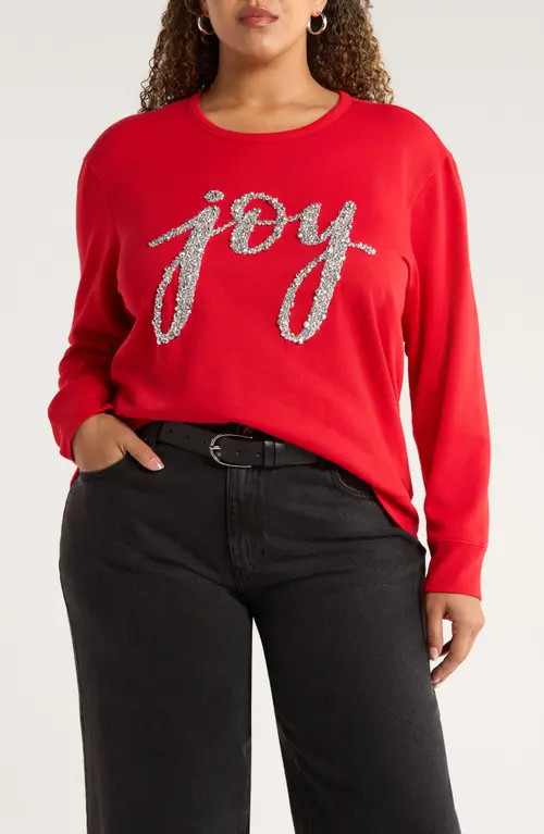 caslon(r) Joy Embellished Cotton Blend Sweatshirt in Red Silver Joy at Nordstrom, Size 1X | Nordstrom