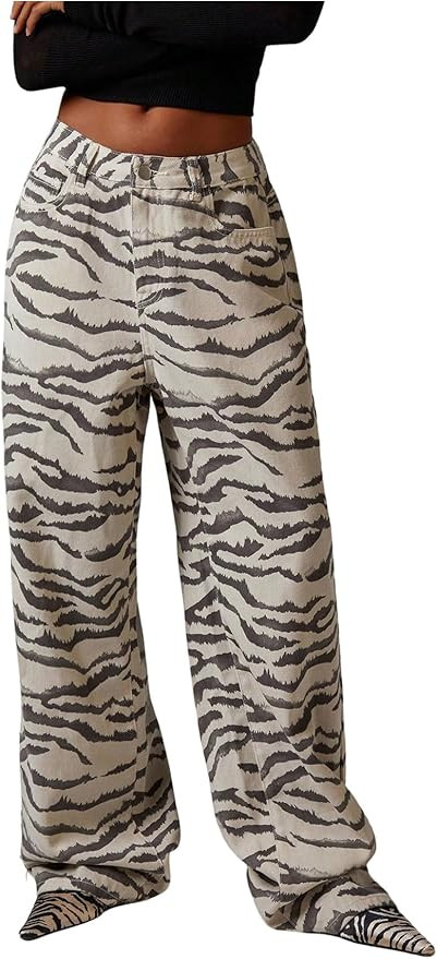 Floerns Women's Zebra Print Straight Leg Jeans Low Rise Streetwear Y2k Denim Pants | Amazon (US)