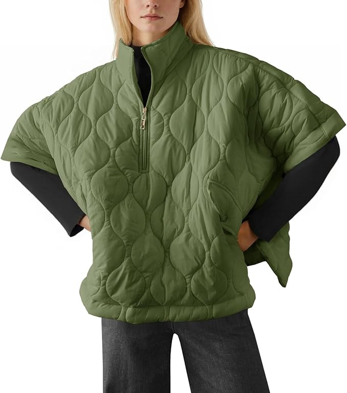 Fazortev Women's Puffer Poncho Pullover Quilted Jacket Short Sleeve Half Zipper Coat Cape Outerwe... | Amazon (US)