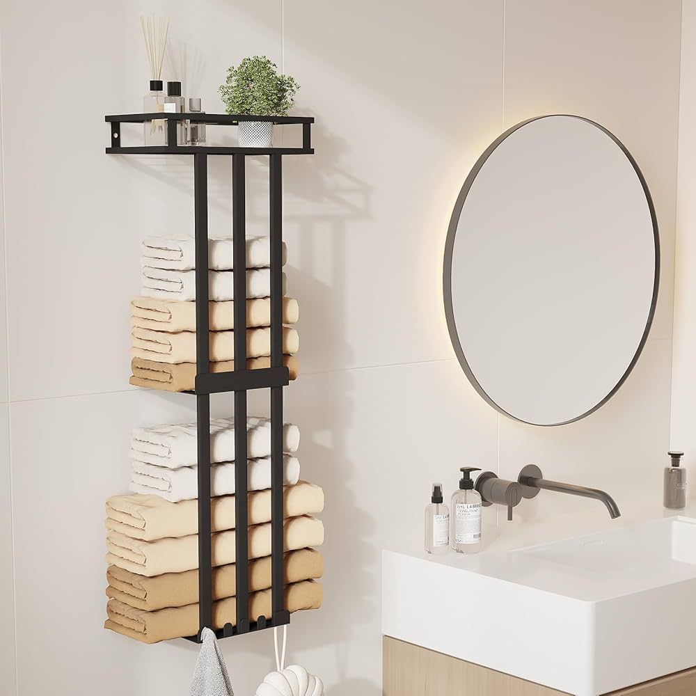 Towel Racks for Bathroom,Towel Storage Rack Wall Mounted with Metal Shelf and Hooks,2 Tier Rolled... | Amazon (US)