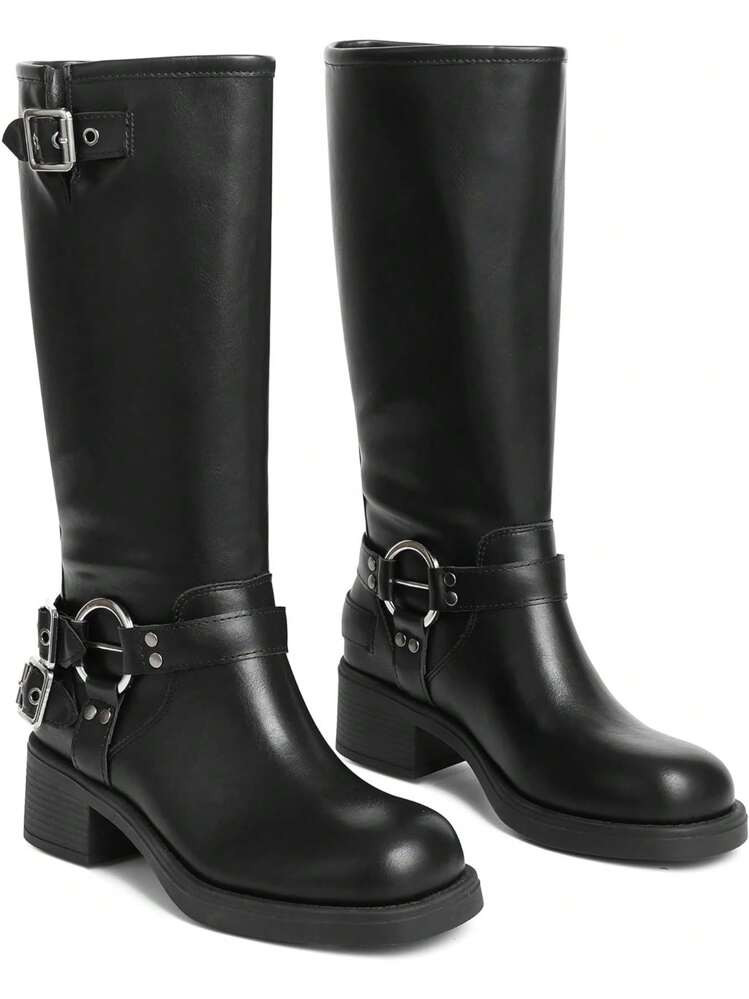 Women's Knee High Riding Boots Slip On Square Toe Chunky Heel Mid Calf Shoes Classic Vintage Metallic Buckles Motorcycle Boots | SHEIN
