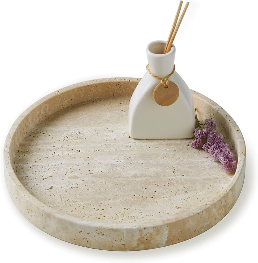 PHINILUX Travertine Marble Vanity Tray, Round Ottoman Tray Minimalist Modern Decorative&Fruit Ser... | Amazon (US)