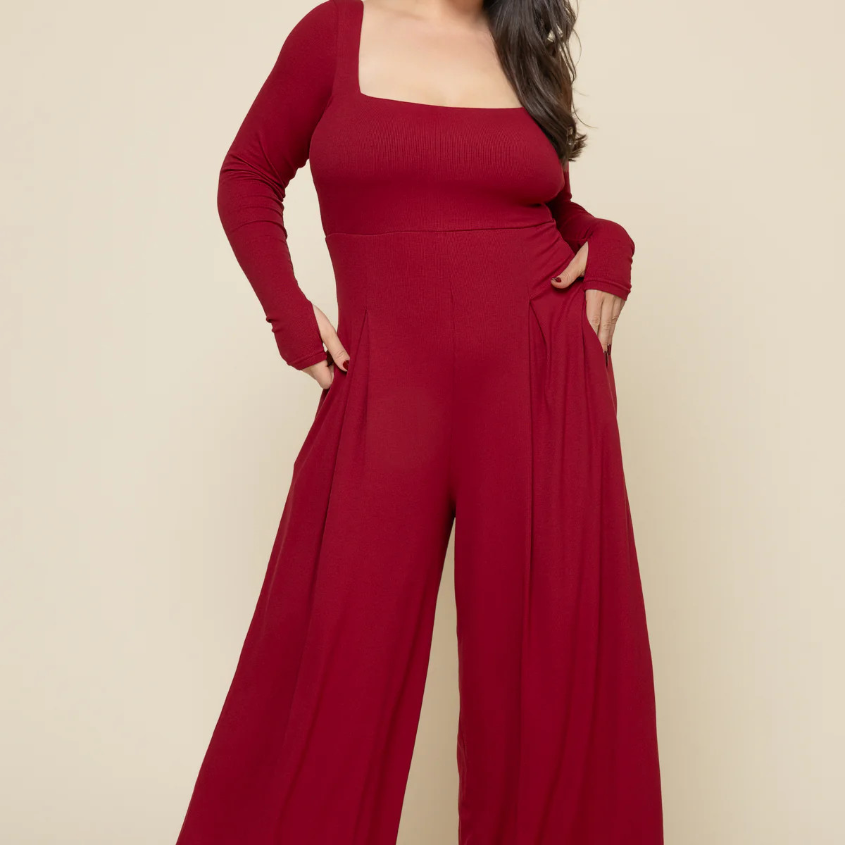 Go With The Flow Long Sleeve Jumpsuit - Deep Cherry | POPFLEX