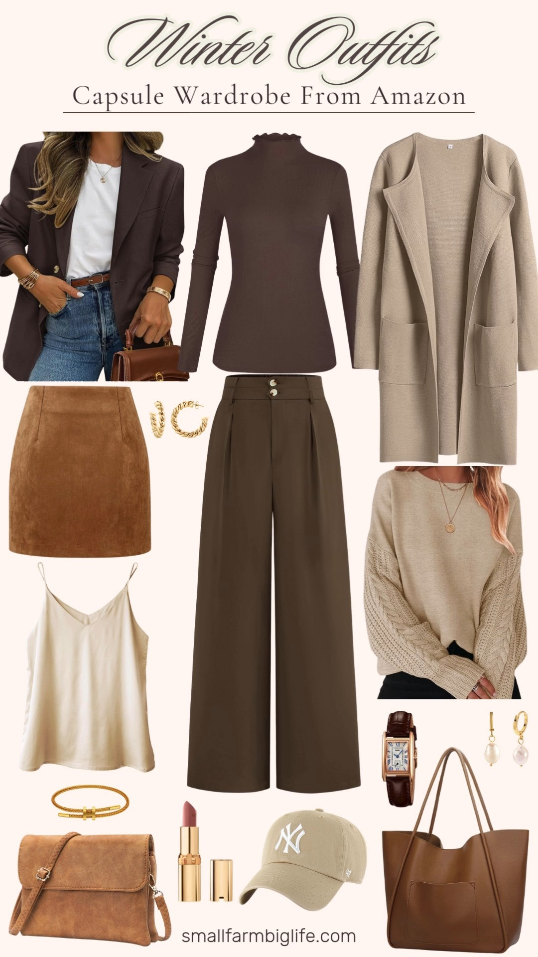 A chic brown toned winter capsule from Amazon 🤎 Featuring a brown blazer, off white oversized sweater, brown pants, and a cognac faux suede skirt and finished with gold jewelry and neutral bags for effortless, mix-and-match winter outfits. 

 #LTKOver40 #LTKFindsUnder50