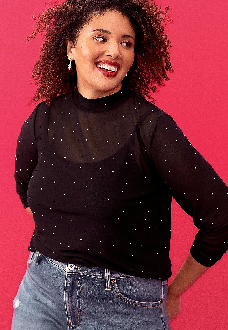 Plus Size Studio Y Sheer Studded Mesh Blouse | Maurices