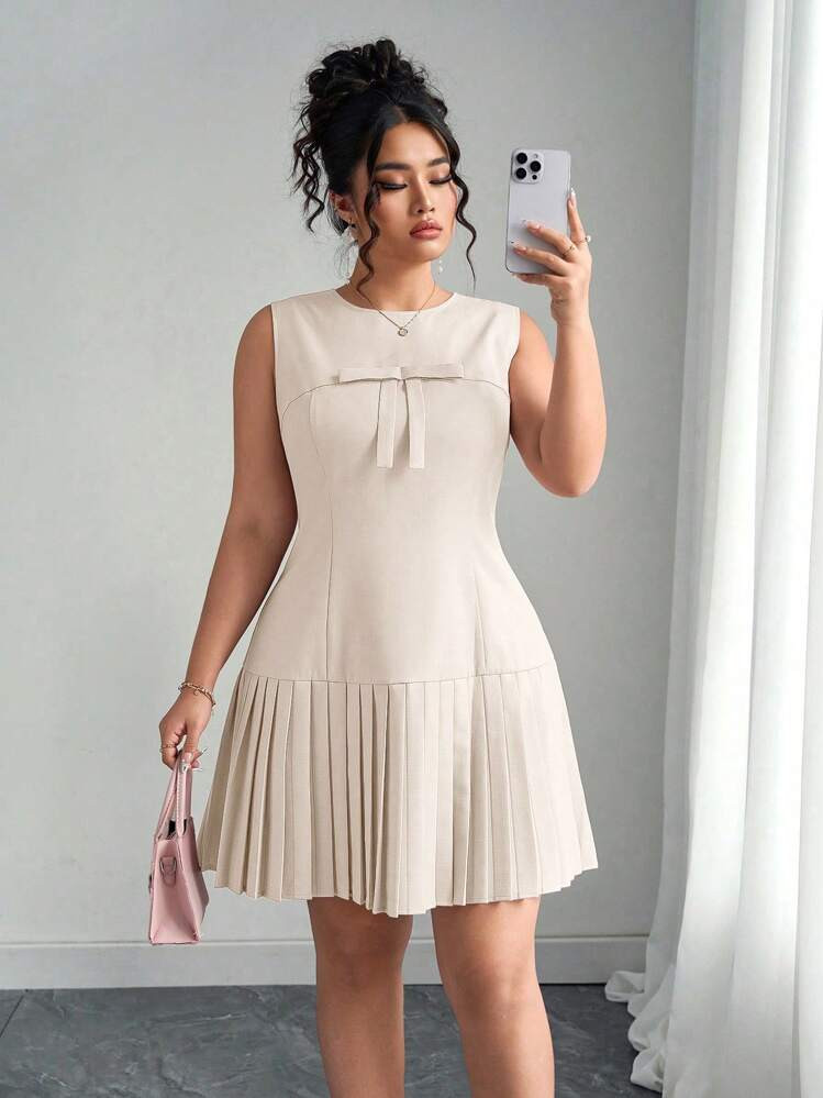 Elenzga Plus Size Round Neck Slimming Princess Seam Heavy-Duty Pleated Linen-Like Spring/Summer E... | SHEIN